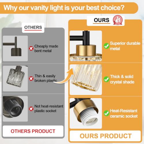 Image of Bathroom Wall Sconces Set of 2, Black & Gold Wall Lights with Clear K9 Crystal Shades, Bathroom Light Fixtures for Bedroom, Living Room, Hallway
