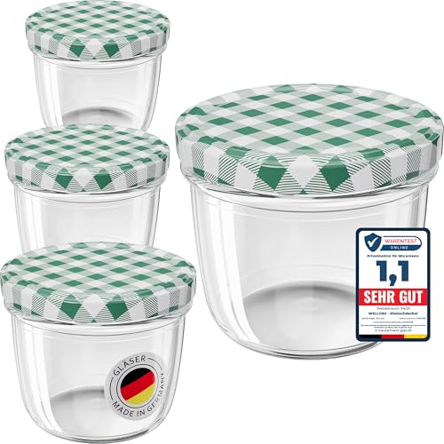 WELLGRO 100x Einmachgläser mit Schraubdeckel - 230 ml, 8,5 x 6,5 cm (ØxH), Glas/Metall, grün karierte Deckel To 82, Gläser Made in Germany