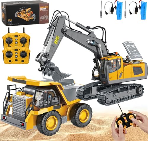 FALLCHILL Construction Rc Set of 4, Remote Control Excavator and Dump Truck Toy Set, Remote Control Excavators with 360 Rotation, RC Trucks Set for Adults, Alloy Material (Excavator+Dump Truck)
