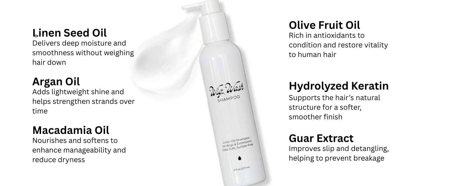 WIG SHAMPOO - Linen Oil Shampoo – Sulfate-Free Cleanser for Human Hair Wigs & Extensions – Color Safe, Hydrating, Lightweight – 8 fl oz