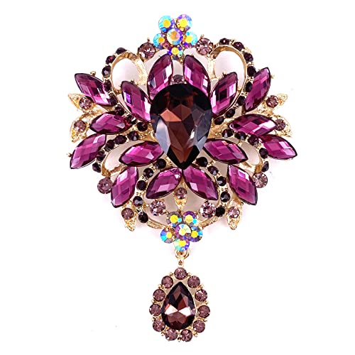 Image of LAXPICOL Wedding Bridal Big Brown Crystal Rhinestone Bouquet Brooch Pin for Women Golden Tone