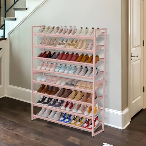 Image of Large Shoe Rack 8 Tier Shoe Organizer, Heavy Duty Metal 4-Tier Stackable Shoe Storage Vertical Shoe Rack for Closet Front Door Entrance, Up to 50 Pairs, 44.8 inch W x 11.4 inch D x 56.7 inch H, Pink