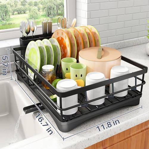 Image of Umite Chef Large Dish Drying Rack for Kitchen Counter, Black Metal Dish Drainer with Drainboard, Utensil Holder, Cup Holder, Rust Resistant Kitchen Dish Rack with Water Drain Spout for Countertop