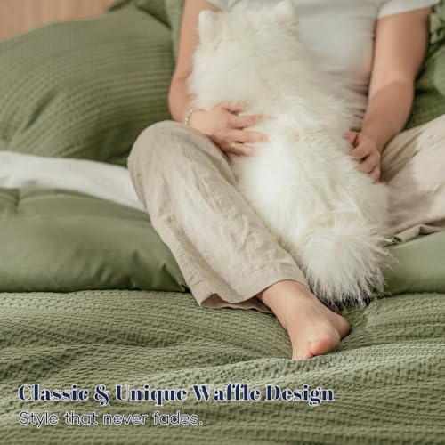 Image of PHF Soft Waffle Comforter Set King Size- Comfy Breathable Waffle Weave Comforter with 2 Pillow Shams, 3 Pieces Less Snagging Lightweight Textured Bedding Set for All Season, Olive Green