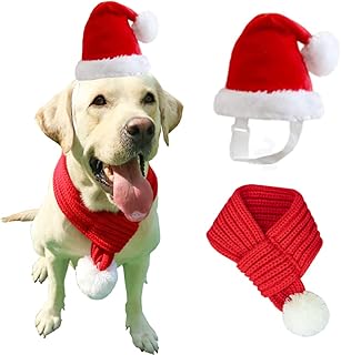 ANIAC Dog Santa Hat with Scarf Kids Xmas Cap Doggy Christmas Costume Pet Warm Headgear and Neck Accessories for Medium Big Dogs and Kids (Large)