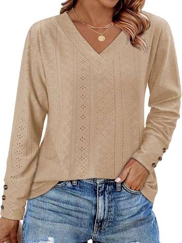 KISSMODA Long Sleeve Fall Shirts For Women V Neck Tunic Tops Embroidered Button Down Knitted Blouses 2025