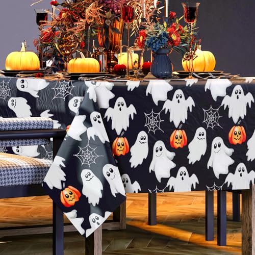 Spooky Ghost & Pumpkin Tablecloth with Spider Web for Halloween Party