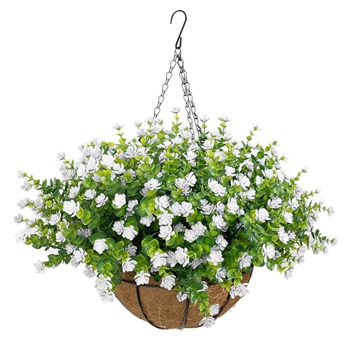 NETAP Artificial Hanging Flowers Basket for Outdoor, 16 Fake Flowers Look Real UV Resistant, Faux Hanging Plants for Porch, Balcony, Patio, Garden, Spring Summer Decor,White