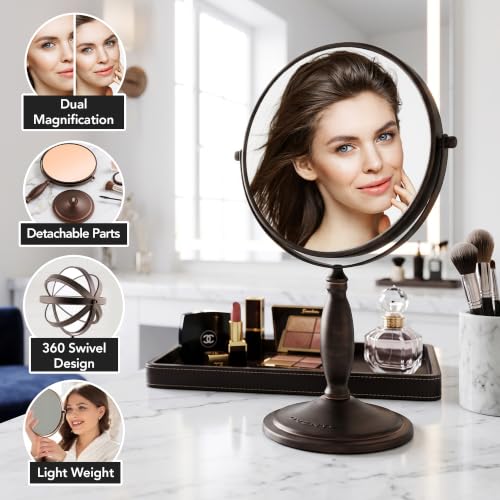 Image of OVENTE 8'' Tabletop Magnifying Makeup Mirror, Antique Bronze MNLAT80ABZ1X7X | Double Sided Vanity Standing Mount Mirror with 1X /7X Magnification, 360 Rotation, Perfect for Dresser Bedroom Office Desk