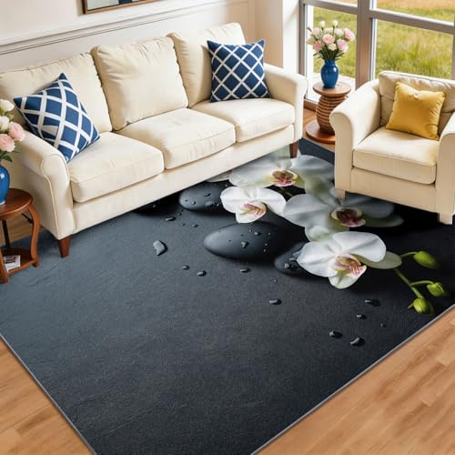 para Salón y Dormitorio Profesionales Culturales, Alfombra Antideslizante Lavable de Pelo Corto, Diseño Chino Orquídea Piedra, Tamaño 140 x 200 cm, Gris