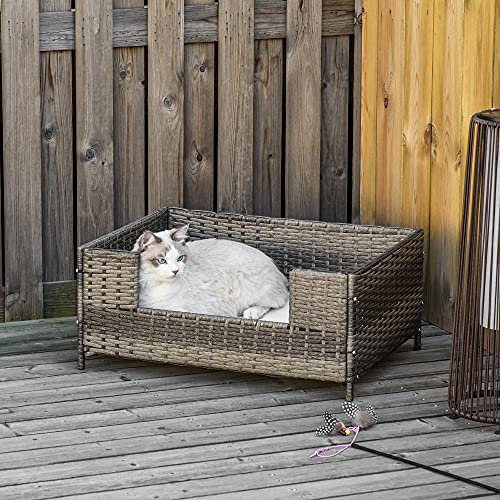 Pawhut Rattan Pet Bed Raised Wicker Dog Sofa For Doggy And Cat Indoor & Outdoor With Soft Washable Cushion Grey #TOP19