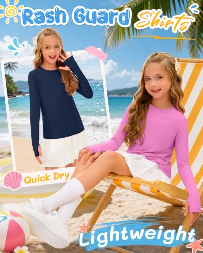 Image of 3 Pack Girls' Rash Guard Swim Long Sleeve Shirt UPF 50+ UV Sun Protection Quick Dry Tee with Thumb Holes 5-14Y