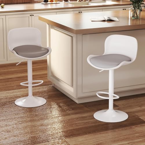 Flysky Sgabelli da bar Set di 2, Sedia girevole a 360°, regolabile in altezza, Sgabello da bar con schienale e poggiapiedi, Sgabello da cucina in similpelle 120kg, Bianco/grigio