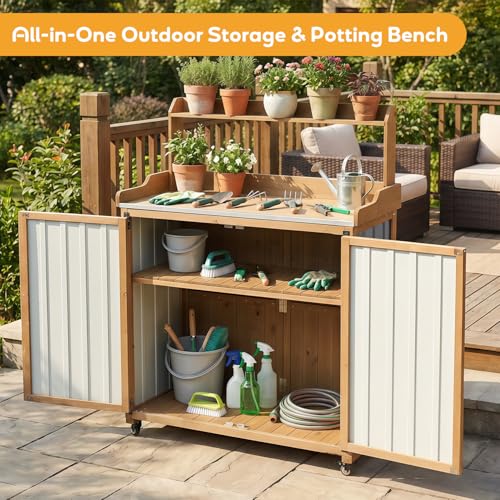 Image of PetsCosset Potting Bench with Storage, Mobile Outdoor Cabinet with Wheels