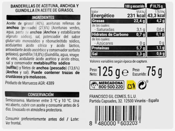 Hacendado Gildas, Brochettes d'Olives, Anchois et Piments à l'Huile de Tournesol, 125g PACK4, Produit d'Espagne, Conservation Entre 3-10°C