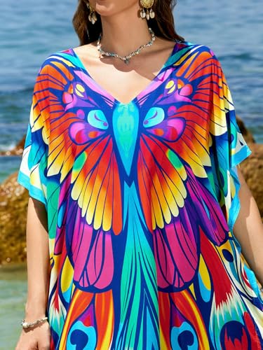 Image of sunforyou Kaftan Dresses for Women Plus Size Lightweight Swimsuit Cover up Batwing Sleeve Print Loungewear Beach Robe