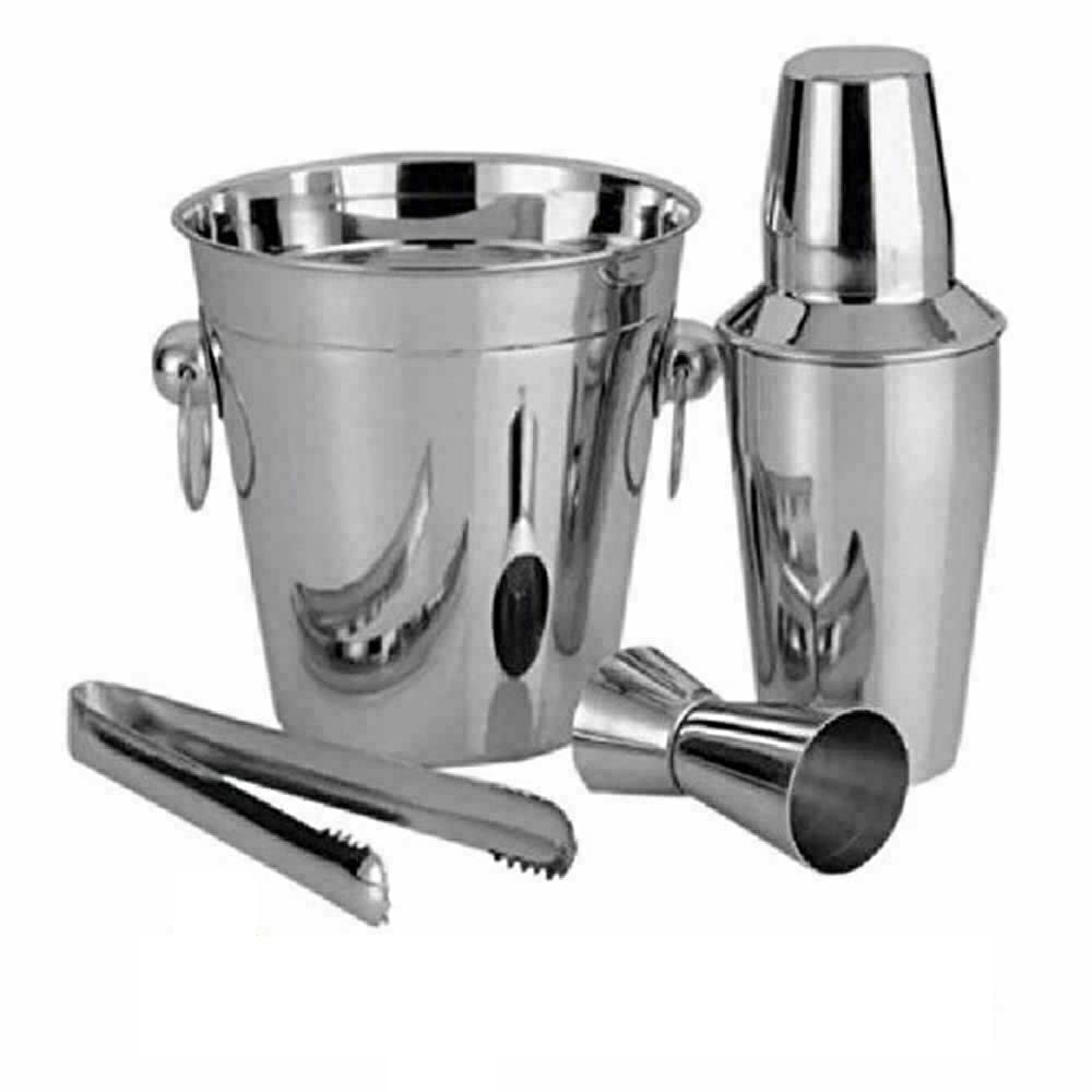 Stainless Steel Cocktail Set of 4 - Ice Bucket, Cocktail Shaker, Liquor Pour, and Tong