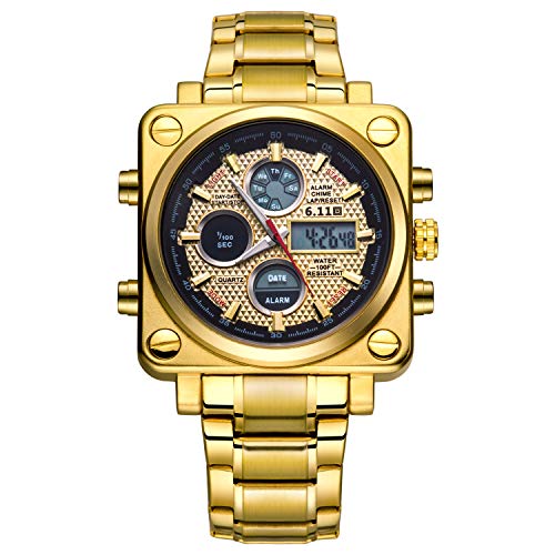 Sailine Reloj multifunción para Hombre, Doble Movimiento con 2 Zonas horarias y Correa de Acero Inoxidable, Sumergible hasta 30 m (Gold)