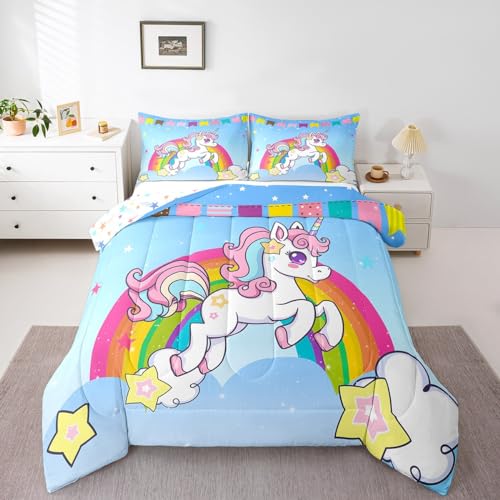 Unicorn Girls Bedding Twin Kawaii Cute Rainbow Unicorn Comforter Set Galaxy Stars Magical Unicorn Bedding Comforter Sets for Boys Girls Kids Children Bedroom, Fantasy Girls Room Decor Duvet Insert