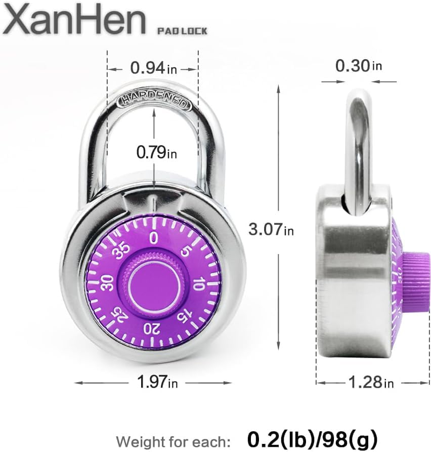 Miniatura 2 de Candados de combinación con cuerpo de metal, uso en interiores para taquillas de gimnasio y casillero escolar, Morado, paquete de 8