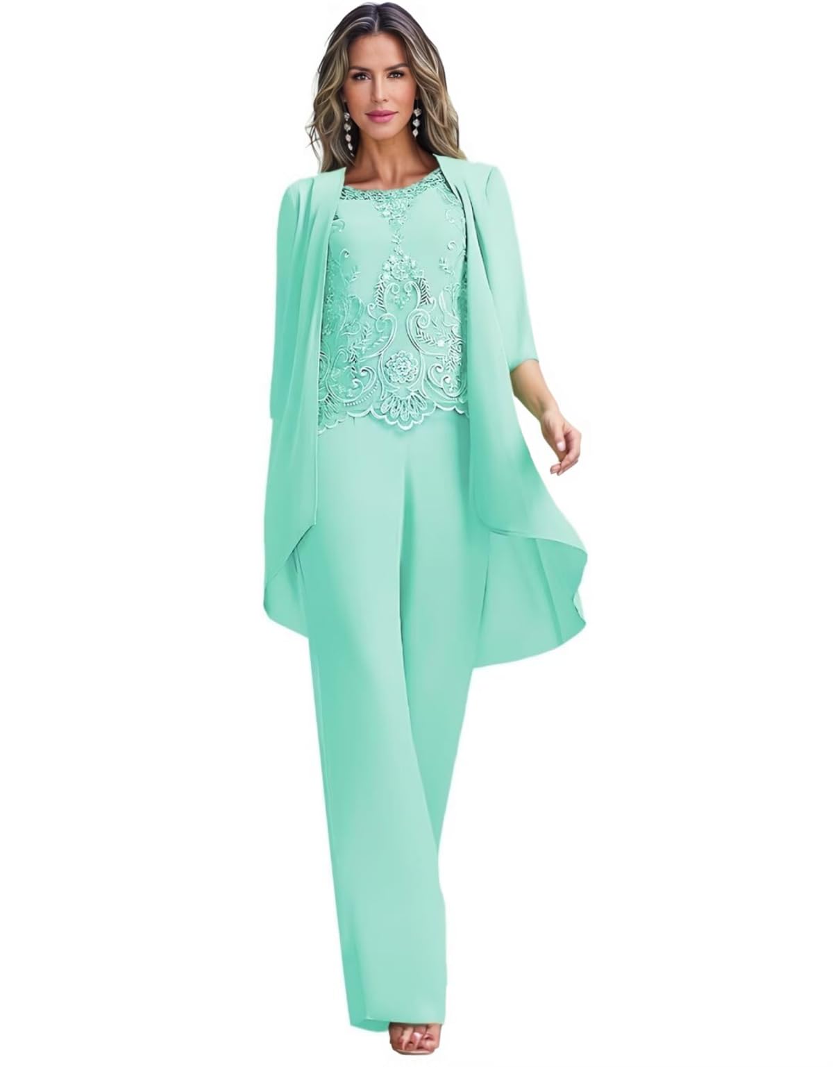 3 Piece Mother of The Bride Pantsuit with Jacket Chiffon Lace Appliques Wedding Guest Evening Party Outfit Set