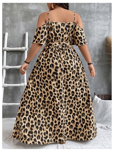 Image of OYOANGLE Women's Plus Size Summer Casual Bohemian Leopard Print Cold Shoulder Belted Wrap Split Long Maxi Dress
