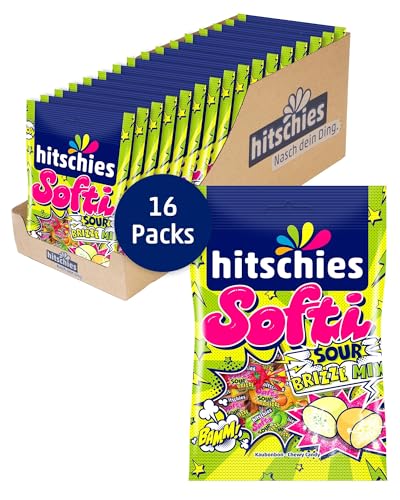 hitschies Softi Sour brizzl Mix - Fruchtig-saure Kaubonbons mit Brausepulver-Kern - Erdbeere, Apfel, Orange & Cola - Glutenfrei & Halal - 16 x 90g