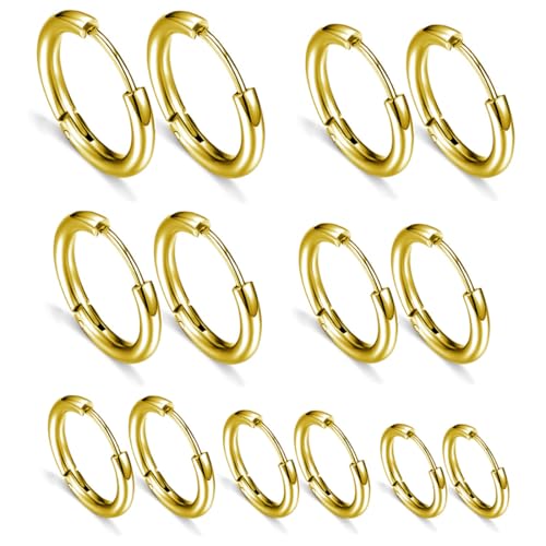 GNALIA Pendientes Hombre Aro 7 Pares Oro Acero Inoxidable Hipoalergénicos Para Cartílago Y Lóbulo Tamaños 8mm 10mm 12mm 14mm 16mm 18mm 20mm