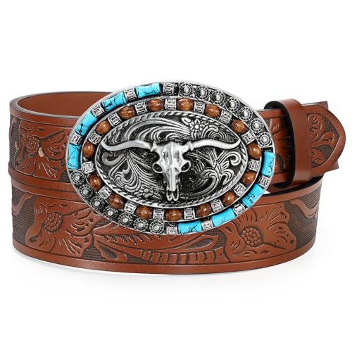 Western Leather Belt Cowboy Belt with Turquoise Buckle for Men Women Western Embossed Leather Belt for Jeans