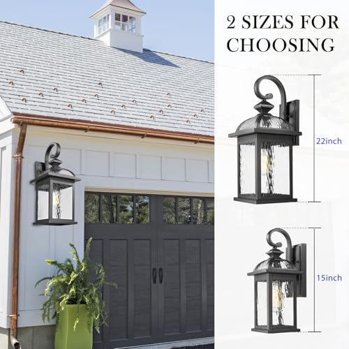 Image of Darkaway Outdoor Lights Fixture Wall Mount, Large 22inch Exterior Wall Light with Water Ripple Glass Waterproof Black Outside Wall Sconce for House Porch Hallway Garage