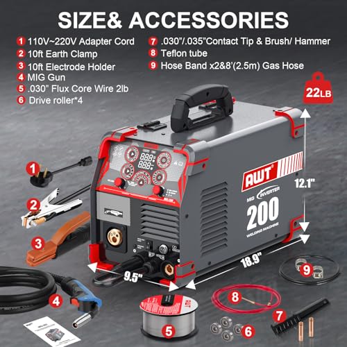 Image of AWT MIG Welder, 200Amp 8 in 1 Gas MIG /Gasless Flux Core MIG /Stick /Lift TIG /Spot Welding /Spool Gun Aluminum MIG Welder, 110 /220V Dual Voltage, Multi-Process Welding Machine With LED Digital Display