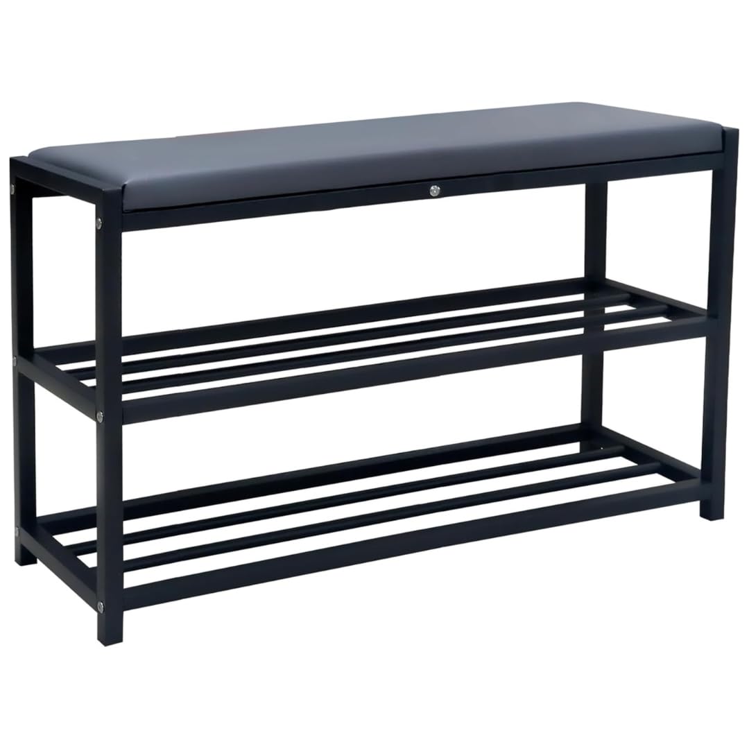 Maka Schuhregal Platzsparend, Schuhregal Mit Sitzbank Metall Schwarz, Shoe Rack Outdoor Wetterfest, Schuhbank mit Sitzfläche, Schuhbank Schwarz (Plus 90 cm)