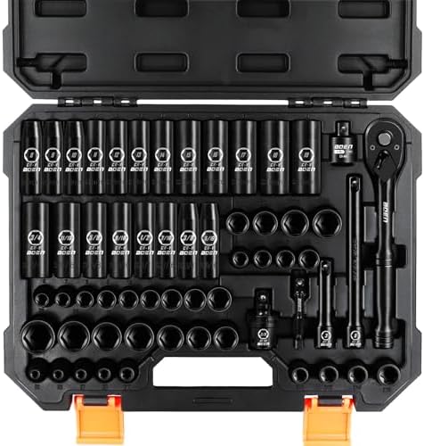 3/8" Drive Impact Socket Set, 59-Piece Standard SAE (5/16 to 3/4 inch) and Metric (6-22mm), Include 9-Piece E-Torx Socket Set (E5-E16) 丨Ratchet Handle, Extension Bar, Universal Joint, Adapter