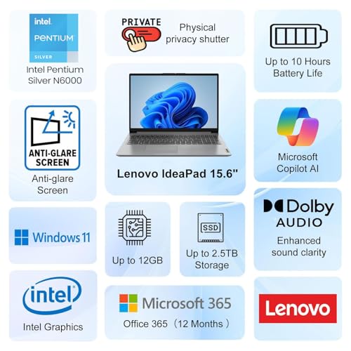 Image of Lenovo Essential Laptop | Ideapad 1i | 8GB RAM | 15.6 inch FHD Display | 256GB PCIe+128GB eMMc Storage | 1 Yr Office 365 + Lenovo ADP | Intel Dual-Cores Processor | HDMI | Wi-Fi 6 | Win 11 Home | Gray