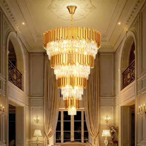 WOSOHYUN 11-Tier K9 Crystal Chandelier, 32" Modern Gold Adjustable Height Pendant Light, Luxury Round Chandeliers for High Ceiling, Foyer, Staircase, Entryway, Two-Story Living Room