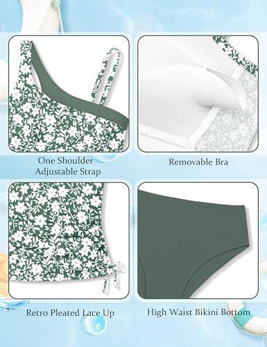 Image of AGAPENG Girls Swimsuit Two Piece One Shoulder Tankini Floral Print Drawstring Swimwear Set 7-14Y