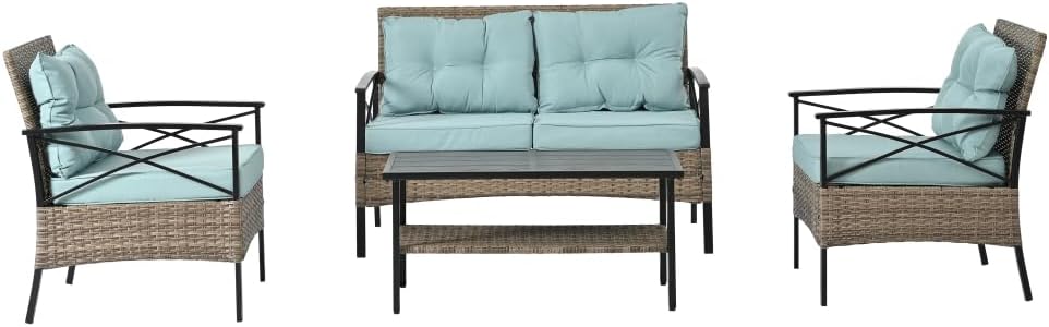 PE Wicker Patio Furniture Set with Tempered Glass Table for Backyard and Poolside Use