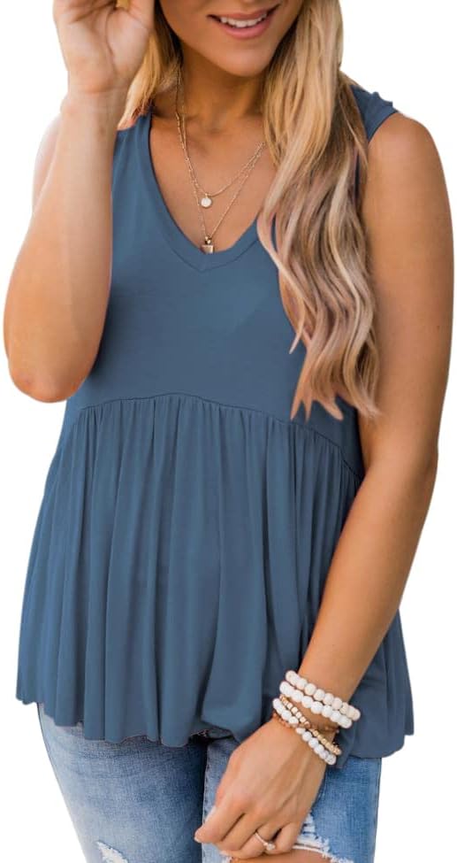 PINKMSTYLEWomen's Ruffle V Neck Tank Tops Babydoll Peplum Tops Sleeveless T Shirts