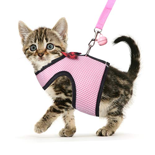 Cat Harness with Leash Pink Adjustable for Walking Escape Proof Reflective Soft Mesh Corduroy Kitten Harness