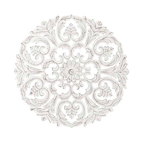 Image of JFY Designs Blasius Hand Carved Wood Medallion Wall Panels Bedroom Decor | Wall Mount Floral Sculpture Wall Art for Living Room, Bedroom Set, White Distressed Finish, Round 24 x 24 inch