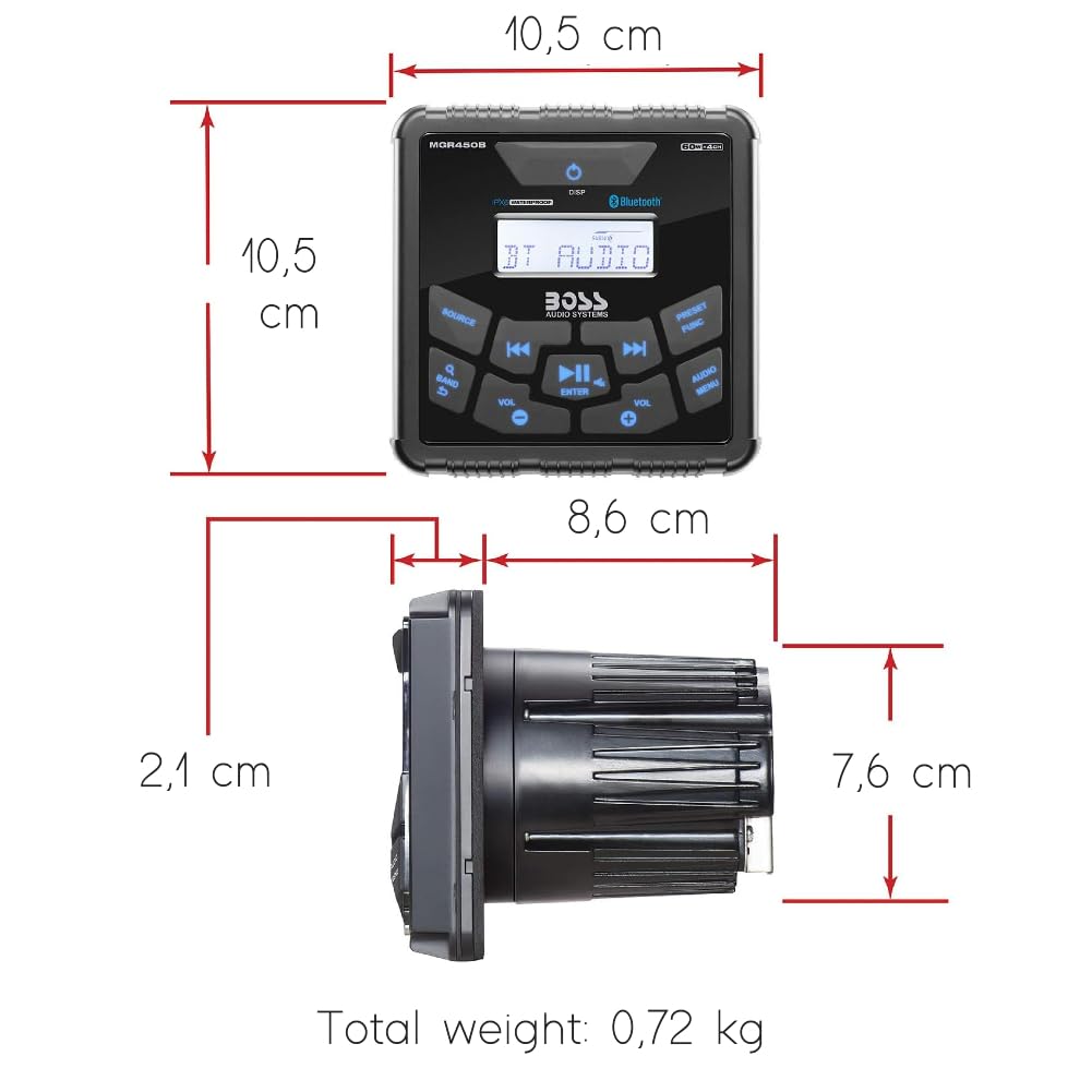 Kit Set para Boss Audio Systems MGR450B 1 Receptor estéreo Marino Am/FM, indicador de Receptor de Medios Digitales, Bluetooth Incorporado, Resistente al Agua, 1 Pieza