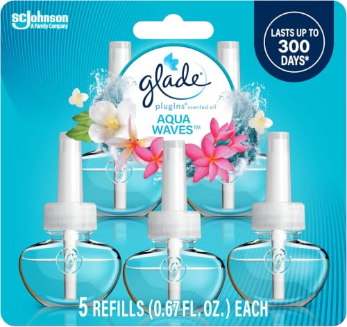 Image of Glade PlugIns Refills Air Freshener, Scented and Essential Oils for Home and Bathroom, Aqua Waves, 3.35 Fl Oz, 5 Count (Pack of 5)