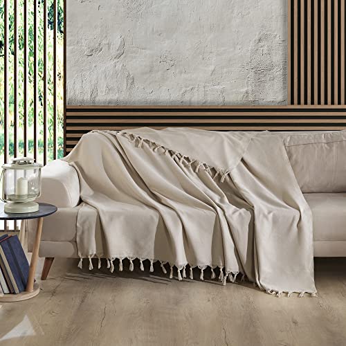 Milam London Jeté de lit 100 % coton pour canapés, lits, canapés, lit double, grande couverture pour lits, 200 x 230 cm, beige