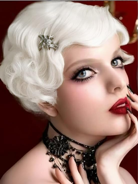 Salaibs Weiß 1920er Perücke damen Kurze Locken Finger Welle Perücke Synthetische Hitzebeständige Faser 30er 50er Cosplay Kostüm Halloween Haar Perücken