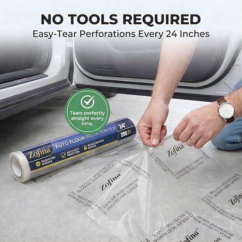 Image of ZOFINA Auto Floor Protection Film 24 inch x 200 ft - Car Carpet Protector Film, 4 Mil Heavy-Duty Adhesive Floor Mat, Dealer Plastic Floor Cover, Perforated Every 24 inch, Clear, Residue-Free Adhesive