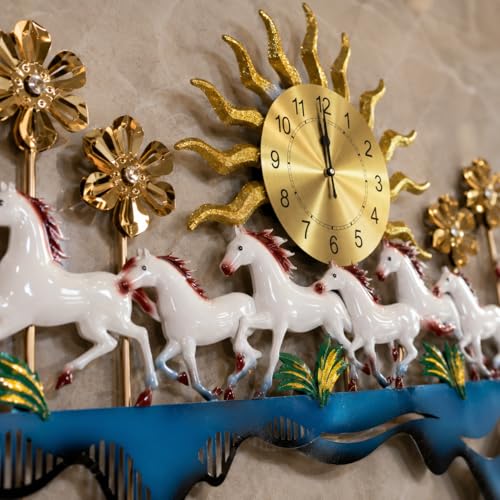 Image of Decorative Metal Running Horse Wall Clock Modern Luxury Wall Art for Living Room Dining Area Office Hotel Interior Design (Size 50x24 Inch)