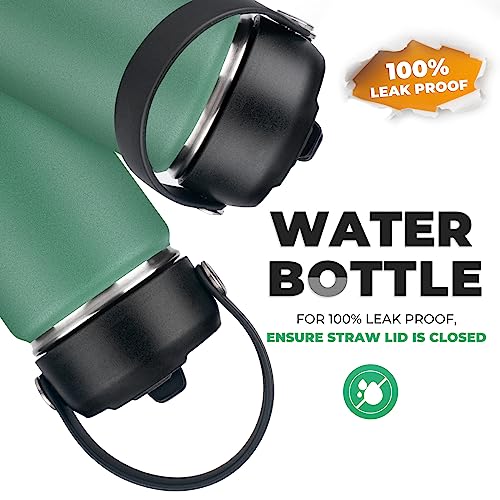 Charcy 18 Oz Insulated Water Bottle With Straw, Sports Water Cup Flask With Wide Mouth, Travel Thermos Mug，Black Adjustable Lid - Dark Green #TOP3