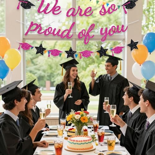 Image of We Are So Proud Of You Banner Graduation Party Decorations Glitter Congratulations Class Grad Ideas Hotpink