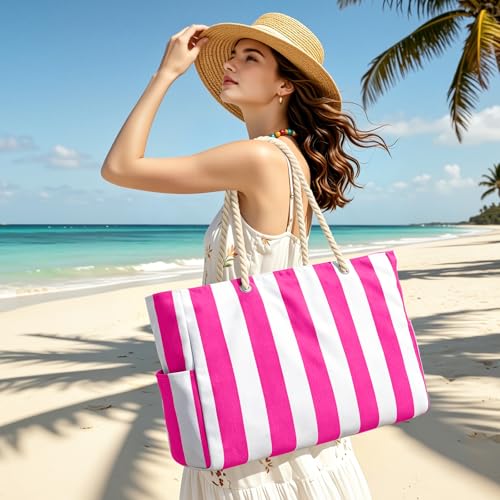 Image of Becokan Women's Pool Swim Bag - Waterproof Sandproof Large Stripe Beach Tote with Zipper