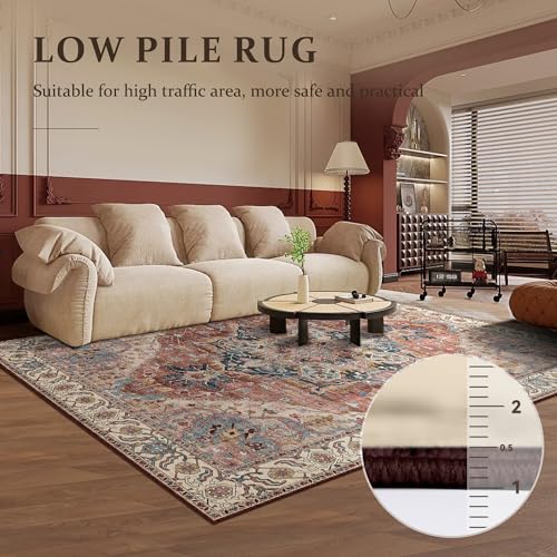 Deerly Washable Bedroom Area Rug 4x6 Indoor Thin Carpet for Living Room Boho Vintage Rug for Kitchen Entryway Dining Room Office Non-Slip Low Pile, Brickred/Multi